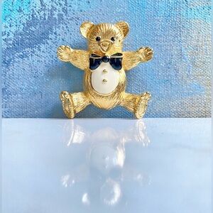 VTG ST. JOHN 24K Gold Teddy Bear Brooch with Enamel Black Bow & White Belly RARE